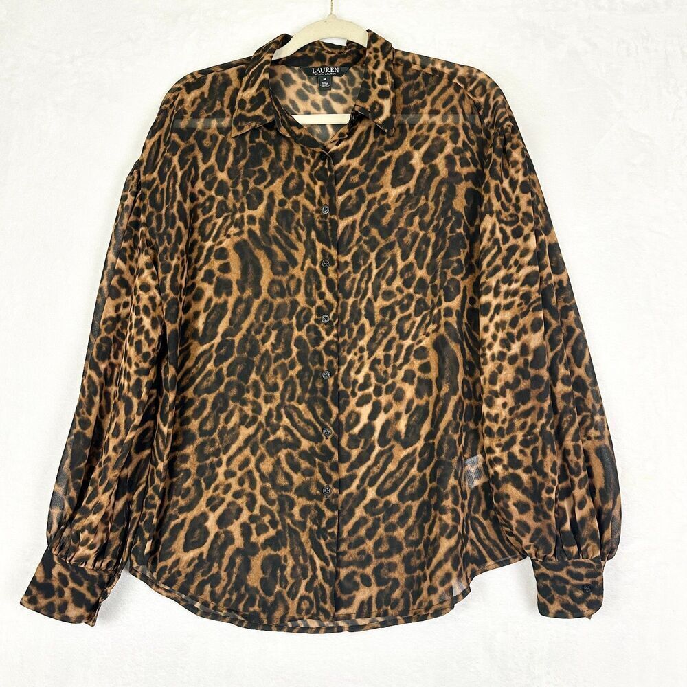 Lauren Ralph Lauren Sheer Chiffon Leopard Print Button Up Size Medium Classic